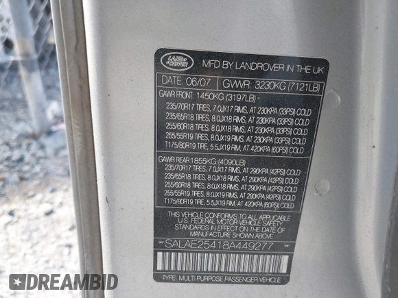 2008 Land Rover LR3 SE with VIN SALAE25418A449277, listed as a IAAI auction lot 41995814 with 192,597 mi miles and . Bid and sale history available at DreamBid. Image 9.