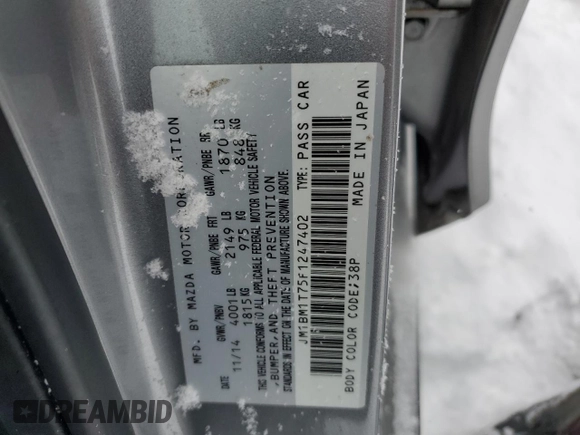 2015 Mazda 3 i SV with VIN JM1BM1T75F1247402, listed as a Copart auction lot 86841394 with 30,452 mi miles and Salvage Title. Bid and sale history available at DreamBid. Image 14.