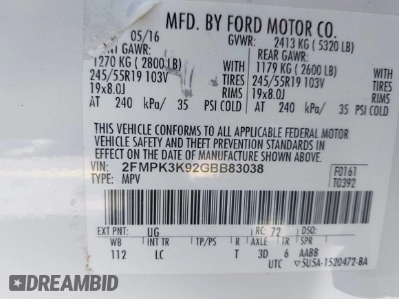 2016 Ford Edge Titanium with VIN 2FMPK3K92GBB83038, listed as a IAAI auction lot 41445967 with 90,125 mi miles. Bid and sale history available at carsss.com. Image 9.