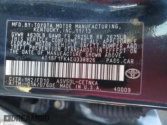 2014 Toyota Camry L with VIN 4T1BF1FK4EU338826, listed as a Copart auction lot 85954234 with 44,785 mi miles and Salvage Title. Bid and sale history available at DreamBid. Image 13.