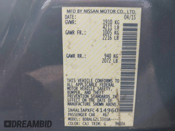 2015 Nissan Altima SV with VIN 1N4AL3APXFC414960, listed as a IAAI auction lot 41896369 with 118,439 mi miles and . Bid and sale history available at DreamBid. Image 9.