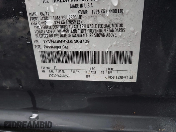 2013 Mazda 6 i Sport with VIN 1YVHZ8BH8D5M08789, listed as a IAAI auction lot 41915453 with 184,374 mi miles. Bid and sale history available at carsss.com. Image 9.