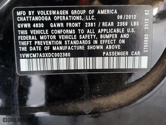 2013 Volkswagen Passat SEL Premium with VIN 1VWCM7A3XDC002360, listed as a Copart auction lot 47577885 with 198,678 mi miles and Clean Title. Bid and sale history available at carsss.com. Image 12.