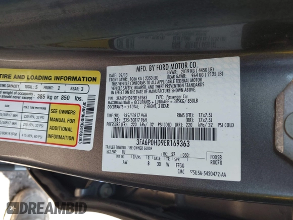 2014 Ford Fusion SE with VIN 3FA6P0HD9ER169363, listed as a IAAI auction lot 41994495 with 1,258,935 mi miles and . Bid and sale history available at DreamBid. Image 9.