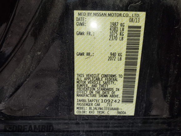 2014 Nissan Altima SL with VIN 1N4BL3AP7EC109242, listed as a IAAI auction lot 42026172 with 112,588 mi miles and . Bid and sale history available at DreamBid. Image 9.