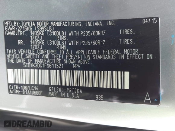 2015 Toyota Sienna XLE with VIN 5TDYK3DC1FS611521, listed as a IAAI auction lot 42136356 with 102,734 mi miles. Bid and sale history available at carsss.com. Image 9.