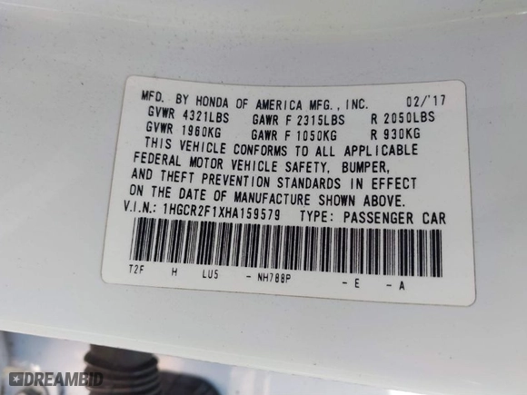 2017 Honda Accord Sedan Sport SE with VIN 1HGCR2F1XHA159579, listed as a IAAI auction lot 41667239 with 156,393 mi miles. Bid and sale history available at carsss.com. Image 9.