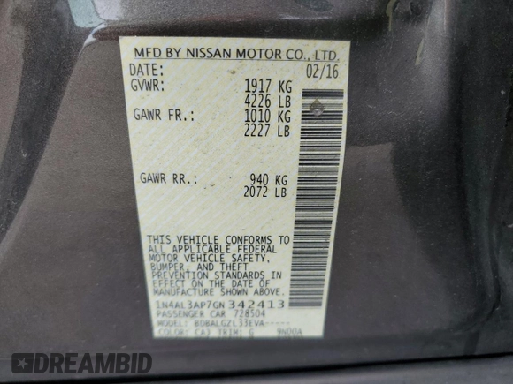 2016 Nissan Altima S with VIN 1N4AL3AP7GN342413, listed as a Copart auction lot 53020795 with 256,630 mi miles and Clean Title. Bid and sale history available at DreamBid. Image 12.