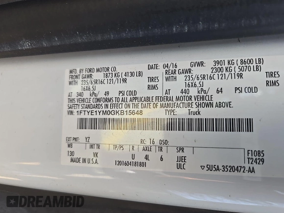 2016 Ford Transit Cargo с VIN 1FTYE1YM0GKB15648, выставлен на аукционе IAAI как лот 42679254 с пробегом 135 283 миль миль и . История ставок и продаж доступна на DreamBid. Изображение 17.