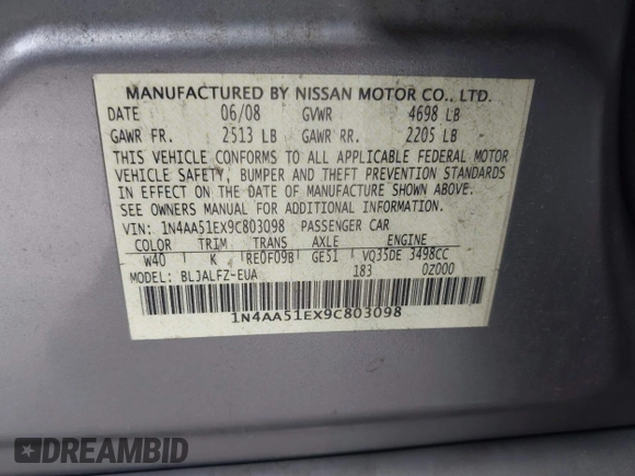 2009 Nissan Maxima SV z VIN 1N4AA51EX9C803098, wystawiony jako IAAI lot #42061535 z przebiegiem 140 576 mil mil oraz . Historia ofert i sprzedaży dostępna na DreamBid. Obrazek 9.