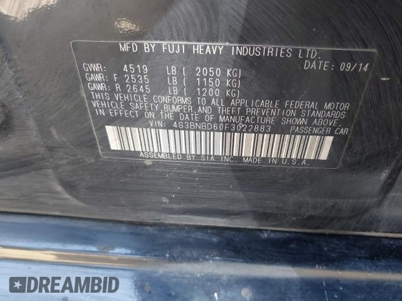 2015 Subaru Legacy Premium with VIN 4S3BNBD60F3022883, listed as a IAAI auction lot 41978746 with 234,440 mi miles and . Bid and sale history available at DreamBid. Image 9.
