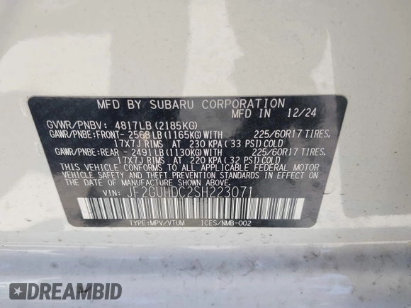 2025 Subaru Crosstrek Premium с VIN JF2GUHDC2SH223071, выставлен на аукционе IAAI как лот 41897281 с пробегом 889 миль миль и . История ставок и продаж доступна на DreamBid. Изображение 9.