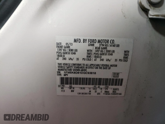 2013 Ford Explorer XLT with VIN 1FM5K8D81DGC93818, listed as a Copart auction lot 50169925 with 124,111 mi miles and Salvage Title. Bid and sale history available at DreamBid. Image 12.