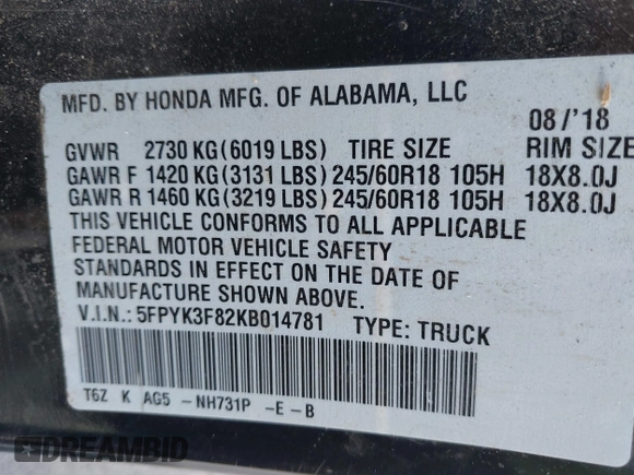 2019 Honda Ridgeline Black Edition with VIN 5FPYK3F82KB014781, listed as a IAAI auction lot 41937248 with 114,616 mi miles and . Bid and sale history available at DreamBid. Image 9.