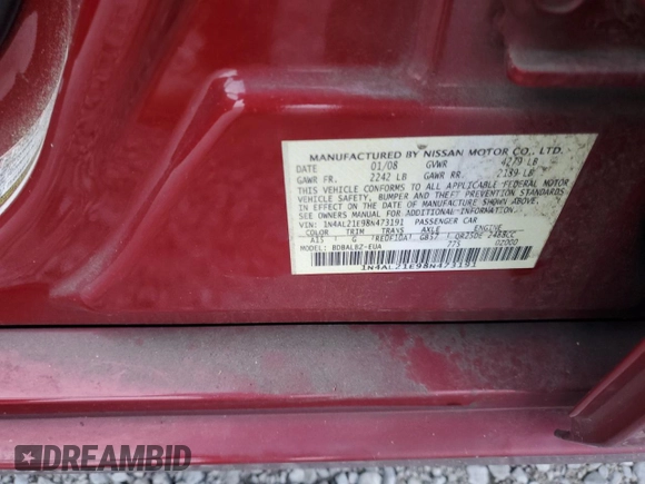2008 Nissan Altima 2.5 with VIN 1N4AL21E98N473191, listed as a Copart auction lot 48894625 with 0 mi miles and Salvage Title. Bid and sale history available at carsss.com. Image 12.