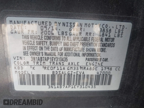 2014 Nissan Sentra SV with VIN 3N1AB7AP1EY310435, listed as a IAAI auction lot 42614959 with 152,276 mi miles and . Bid and sale history available at DreamBid. Image 9.