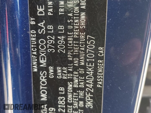 2019 Kia Forte LXS with VIN 3KPF24AD4KE107057, listed as a Copart auction lot 61858535 with 54,807 mi miles and Salvage title. Bid and sale history available at DreamBid. Image 12.