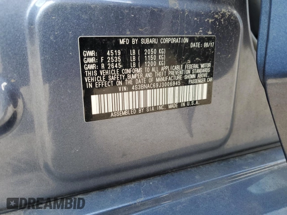 2018 Subaru Legacy Premium with VIN 4S3BNAC69J3006945, listed as a Copart auction lot 60029375 with 64,752 mi miles and Clean title. Bid and sale history available at DreamBid. Image 12.