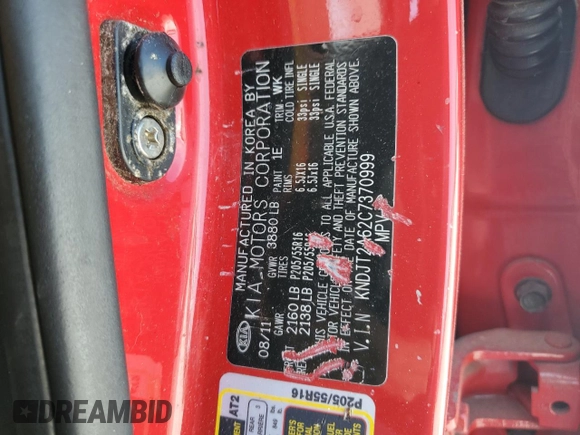 2012 Kia Soul + with VIN KNDJT2A62C7370999, listed as a Copart auction lot 53674095 with 290,938 mi miles and Clean Title. Bid and sale history available at DreamBid. Image 12.