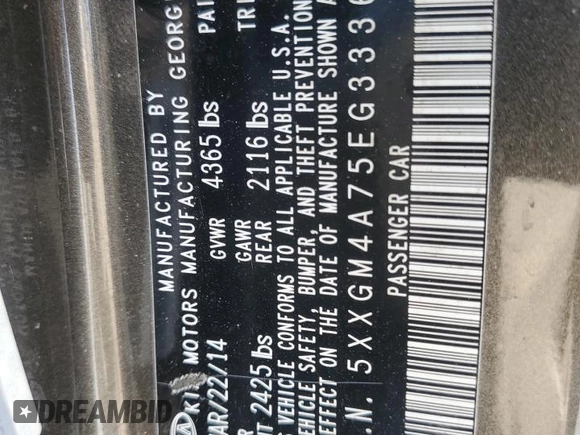 2014 Kia Optima LX with VIN 5XXGM4A75EG333628, listed as a Copart auction lot 59273445 with 81,764 mi miles and Salvage title. Bid and sale history available at DreamBid. Image 13.