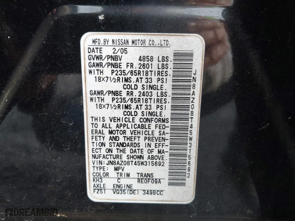 2005 Nissan Murano SL with VIN JN8AZ08T45W315692, listed as a IAAI auction lot 41662090 with 1 mi miles. Bid and sale history available at carsss.com. Image 9.