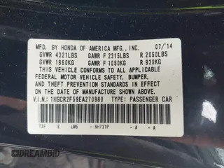 2014 Honda Accord Sport with VIN 1HGCR2F59EA270980, listed as a IAAI auction lot 41954935 with 130,041 mi miles and . Bid and sale history available at DreamBid. Image 9.