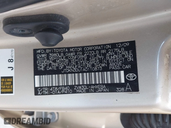 2010 Toyota Prius II with VIN JTDKN3DU1A0110873, listed as a IAAI auction lot 42076133 with 150,206 mi miles. Bid and sale history available at carsss.com. Image 9.