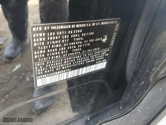 2021 Volkswagen Tiguan S with VIN 3VV0B7AXXMM098764, listed as a Copart auction lot 43116995 with 52,239 mi miles and Salvage Title. Bid and sale history available at carsss.com. Image 13.