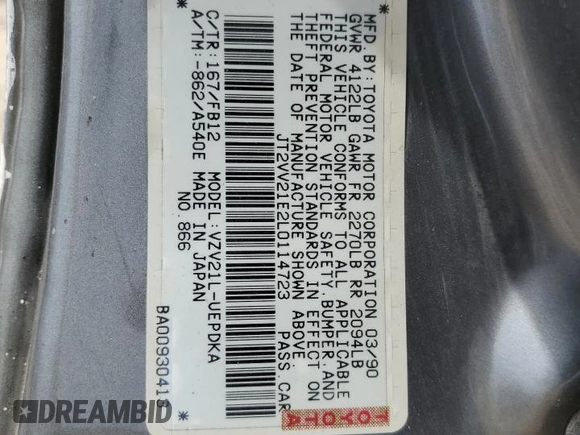 1990 Toyota Camry z VIN JT2VV21E2L0114723, wystawiony jako Copart lot #53584755 z przebiegiem 58 986 mil mil oraz Czysty tytuł • Clean title. Historia ofert i sprzedaży dostępna na DreamBid. Obrazek 12.