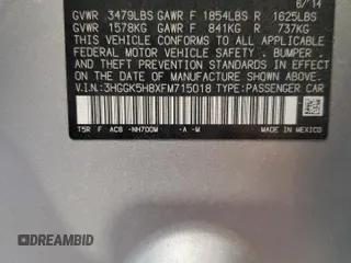 2015 Honda Fit EX-L with VIN 3HGGK5H8XFM715018, listed as a Copart auction lot 63037685 with Not provided miles and Salvage title. Bid and sale history available at DreamBid. Image 12.