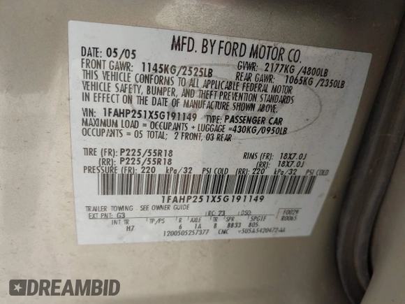 2005 Ford Five Hundred Limited с VIN 1FAHP251X5G191149, выставлен на аукционе IAAI как лот 42276681 с пробегом 138 585 миль миль и . История ставок и продаж доступна на DreamBid. Изображение 9.