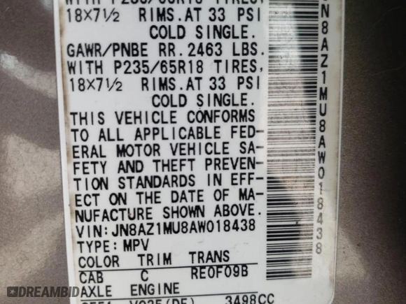 2010 Nissan Murano S with VIN JN8AZ1MU8AW018438, listed as a Copart auction lot 51287815 with 103,695 mi miles and Salvage Title. Bid and sale history available at carsss.com. Image 14.