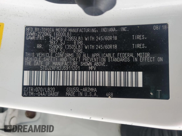 2018 Toyota Highlander SE z VIN 5TDJZRFH2JS911201, wystawiony jako Copart lot #57843215 z przebiegiem 94 977 mil mil oraz Szkoda całkowita • Salvage title. Historia ofert i sprzedaży dostępna na DreamBid. Obrazek 14.