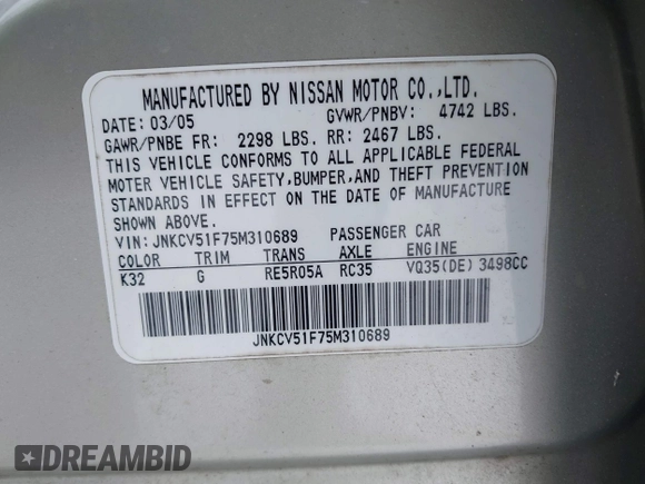 2005 Infiniti G35 with VIN JNKCV51F75M310689, listed as a IAAI auction lot 42101873 with 284,056 mi miles and . Bid and sale history available at carsss.com. Image 9.