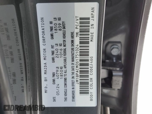 2025 Mazda 3 S Preferred with VIN JM1BPACM0S1751024, listed as a Copart auction lot 86953184 with 10,897 mi miles and Salvage Title. Bid and sale history available at DreamBid. Image 13.