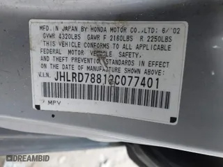 2002 Honda CR-V EX with VIN JHLRD78812C077401, listed as a IAAI auction lot 41729400 with 259,164 mi miles. Bid and sale history available at carsss.com. Image 9.