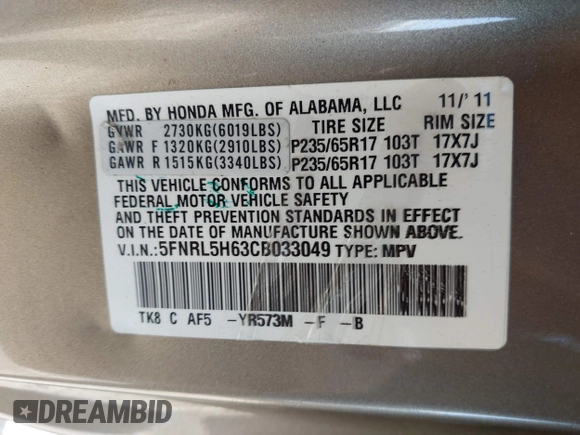 2012 Honda Odyssey EX-L z VIN 5FNRL5H63CB033049, wystawiony jako IAAI lot #42260501 z przebiegiem 165 693 mil mil oraz . Historia ofert i sprzedaży dostępna na DreamBid. Obrazek 9.