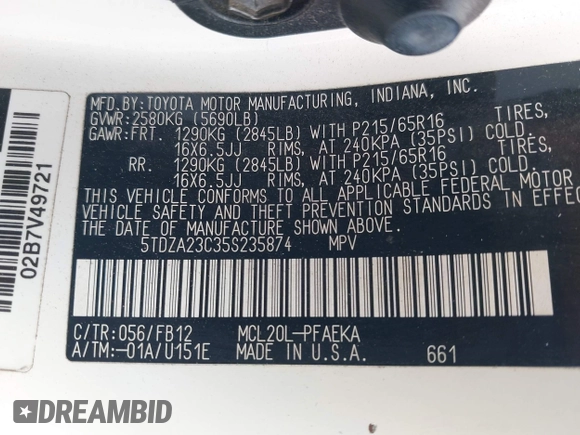 2005 Toyota Sienna CE with VIN 5TDZA23C35S235874, listed as a IAAI auction lot 42257465 with 199,764 mi miles and . Bid and sale history available at DreamBid. Image 9.