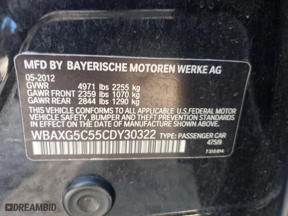 2012 BMW 5 Series 528i with VIN WBAXG5C55CDY30322, listed as a Copart auction lot 84326974 with 210,301 mi miles and Clean Title. Bid and sale history available at carsss.com. Image 12.