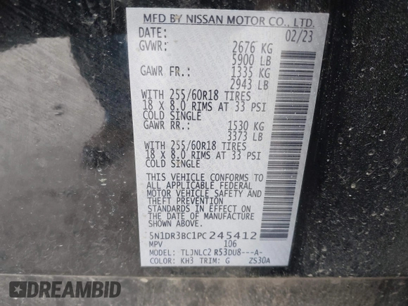 2023 Nissan Pathfinder SV z VIN 5N1DR3BC1PC245412, wystawiony jako IAAI lot #41914226 z przebiegiem 47 795 mil mil oraz . Historia ofert i sprzedaży dostępna na DreamBid. Obrazek 9.