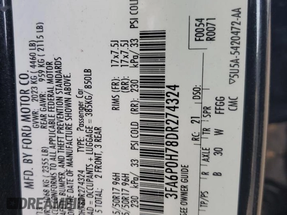 2013 Ford Fusion SE with VIN 3FA6P0H78DR274324, listed as a Copart auction lot 53900575 with 200,195 mi miles and Salvage title. Bid and sale history available at DreamBid. Image 12.