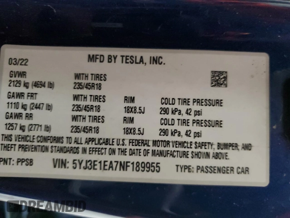 2022 Tesla Model 3 with VIN 5YJ3E1EA7NF189955, listed as a Copart auction lot 53149885 with 111,074 mi miles and Salvage Title. Bid and sale history available at DreamBid. Image 12.
