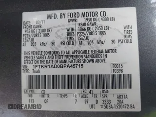 2011 Ford Ranger XL with VIN 1FTKR1AD0BPA45715, listed as a IAAI auction lot 41804117 with 64,494 mi miles. Bid and sale history available at carsss.com. Image 9.