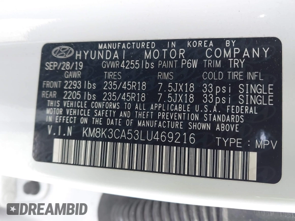 2020 Hyundai Kona Limited with VIN KM8K3CA53LU469216, listed as a IAAI auction lot 41690284 with 69,000 mi miles and . Bid and sale history available at carsss.com. Image 9.