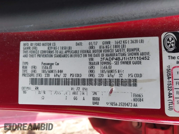 2017 Ford Fiesta SE with VIN 3FADP4BJ1HM110452, listed as a IAAI auction lot 39782919 with 199,370 mi miles and . Bid and sale history available at DreamBid. Image 9.