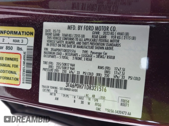 2013 Ford Fusion SE with VIN 3FA6P0H71DR321516, listed as a IAAI auction lot 42043293 with 106,659 mi miles. Bid and sale history available at carsss.com. Image 9.