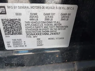2022 Chevrolet Equinox LT with VIN 3GNAXKEV6NL244057, listed as a IAAI auction lot 42238411 with 46,038 mi miles and . Bid and sale history available at DreamBid. Image 9.