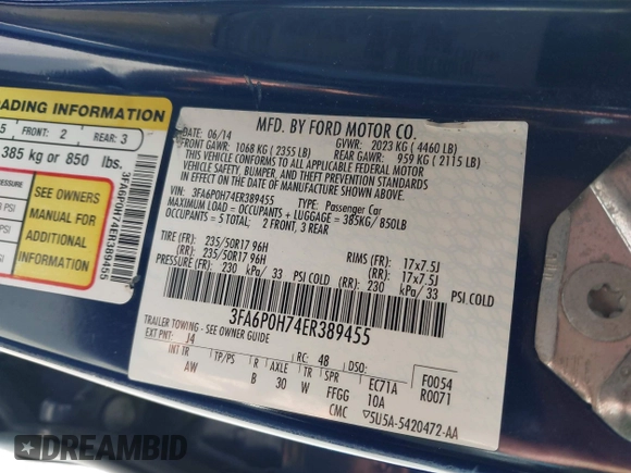 2014 Ford Fusion SE with VIN 3FA6P0H74ER389455, listed as a IAAI auction lot 42139910 with 237,252 mi miles. Bid and sale history available at carsss.com. Image 9.