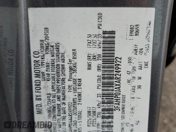 2010 Ford Fusion SEL with VIN 3FAHP0JAXAR249922, listed as a Copart auction lot 51910955 with 216,865 mi miles and Salvage Title. Bid and sale history available at carsss.com. Image 14.