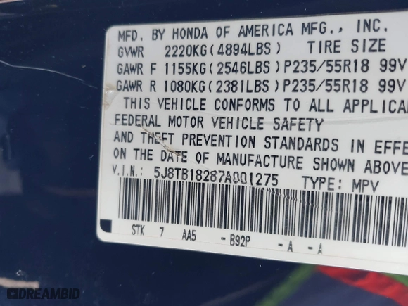 2007 Acura RDX with VIN 5J8TB18287A001275, listed as a IAAI auction lot 41591052 with 148,017 mi miles. Bid and sale history available at carsss.com. Image 9.